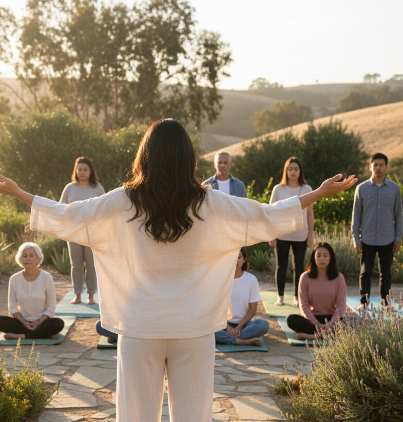 Somatic work in a group mindfulness meditation outdoors Mindfulness meditation practice session on a calm group retreat